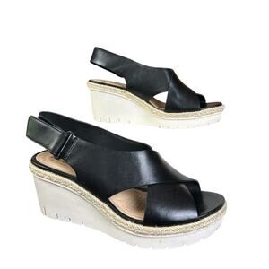 Clarks Artisan Palm Glow Sandals Size 6M Black Leather Wedge Platform Boho Heels